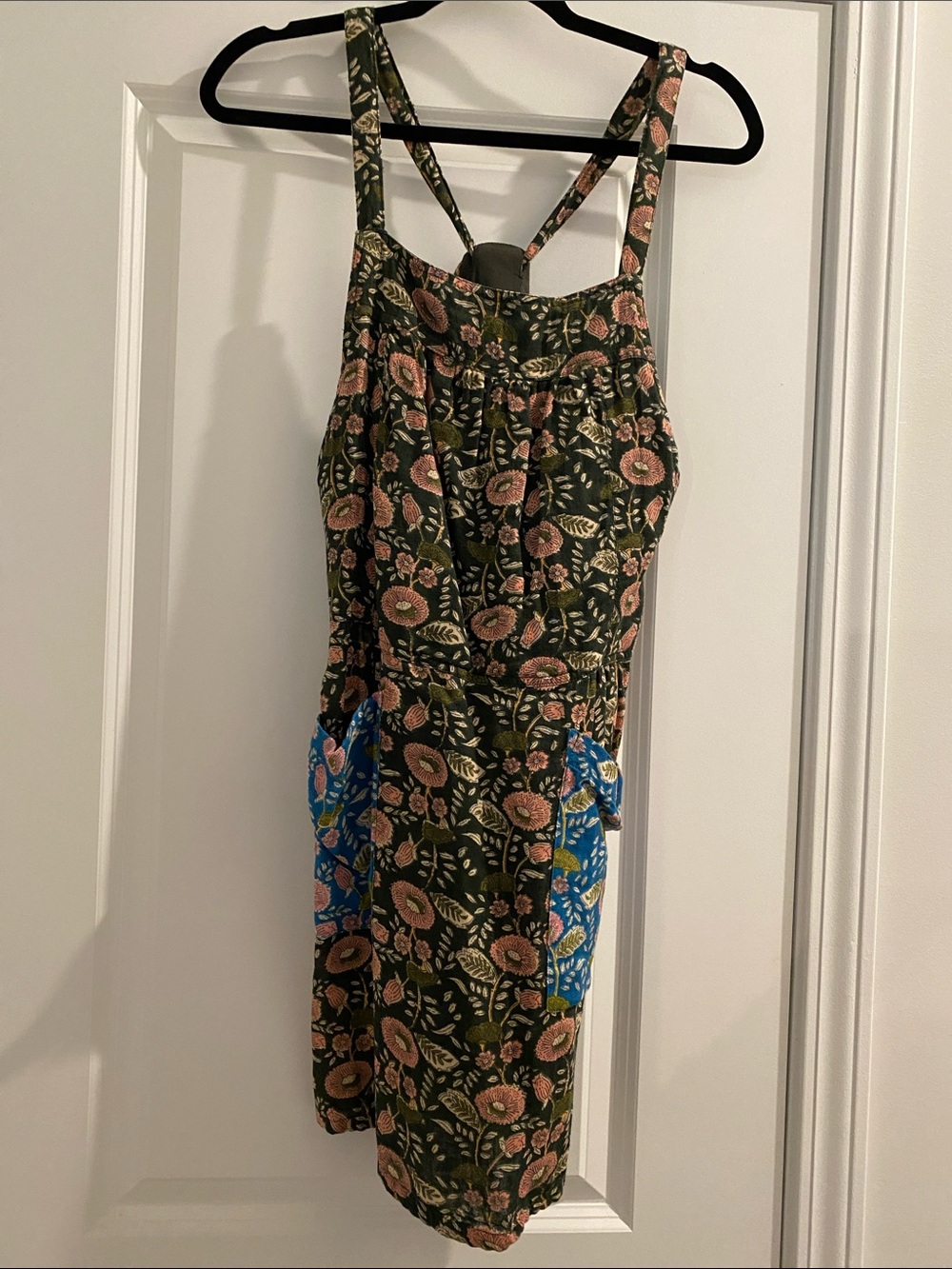 NATURAL LIFE Olive Green Floral Sun Dress with Pink Flowers and Blue Pockets